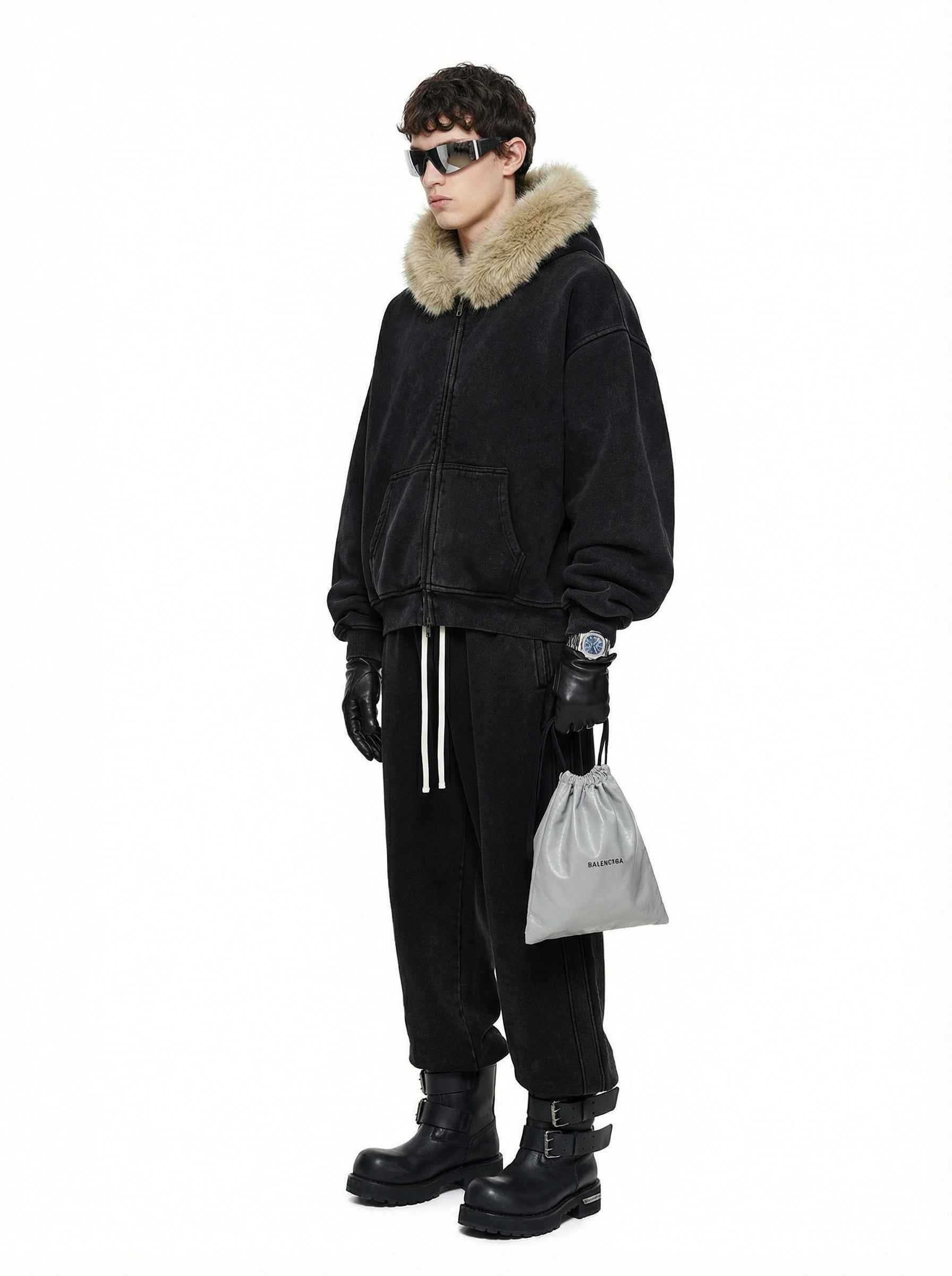 Vintage Boxyfit Faux Fur Collar Zipper Coat