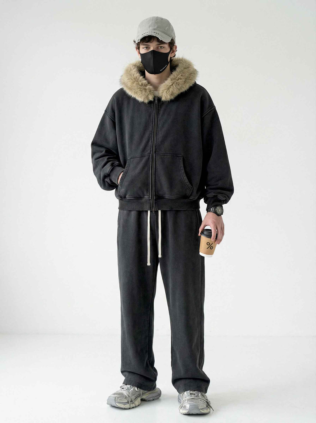 Vintage Boxyfit Faux Fur Collar Zipper Coat