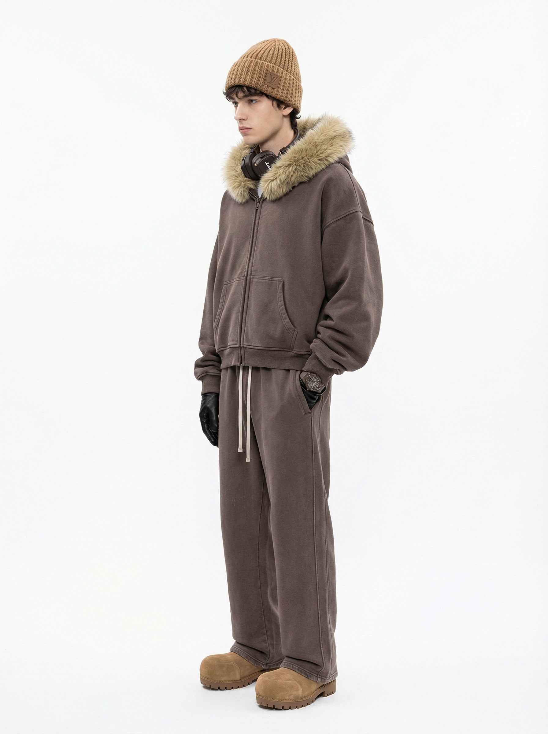 Vintage Boxyfit Faux Fur Collar Zipper Coat