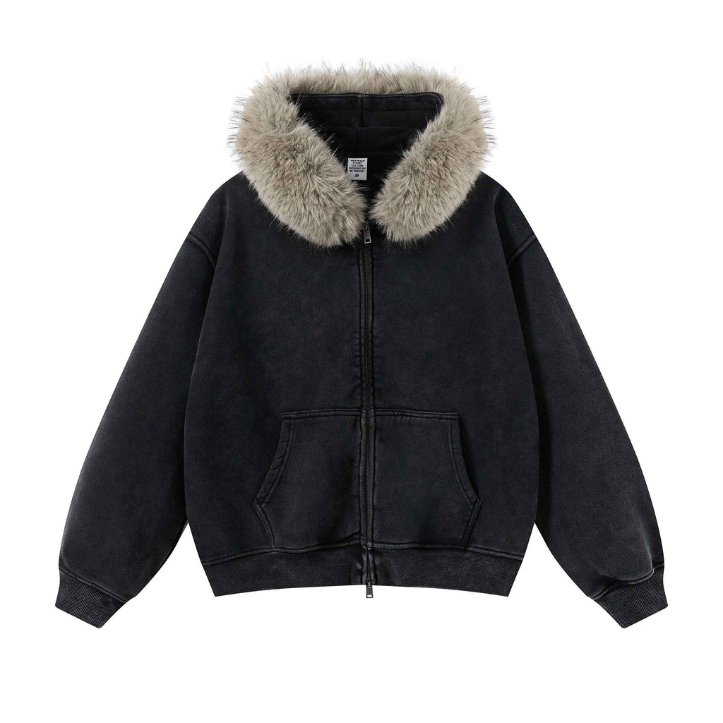 Vintage Boxyfit Faux Fur Collar Zipper Coat