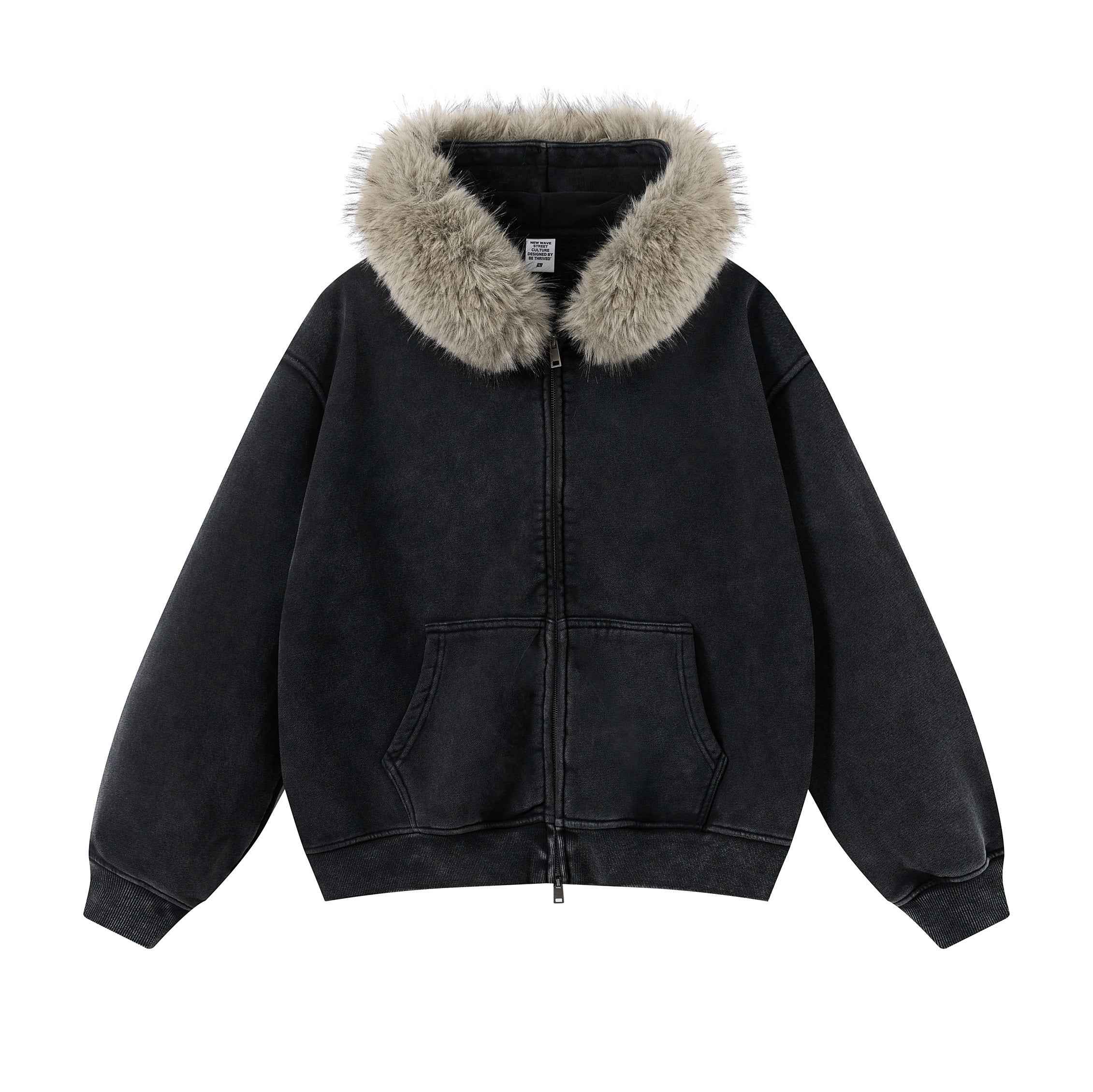 Vintage Boxyfit Faux Fur Collar Zipper Coat