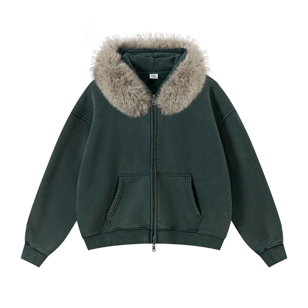Vintage Boxyfit Faux Fur Collar Zipper Coat