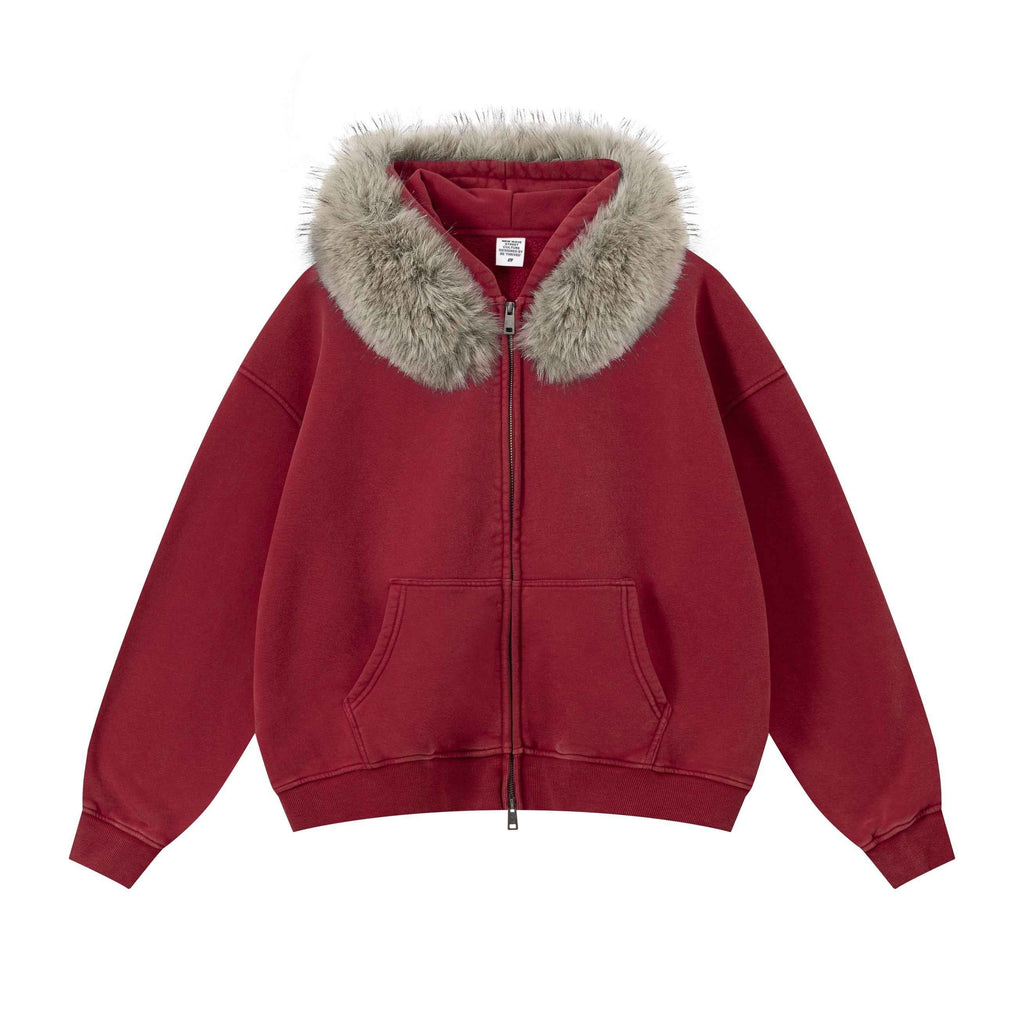 Vintage Boxyfit Faux Fur Collar Zipper Coat