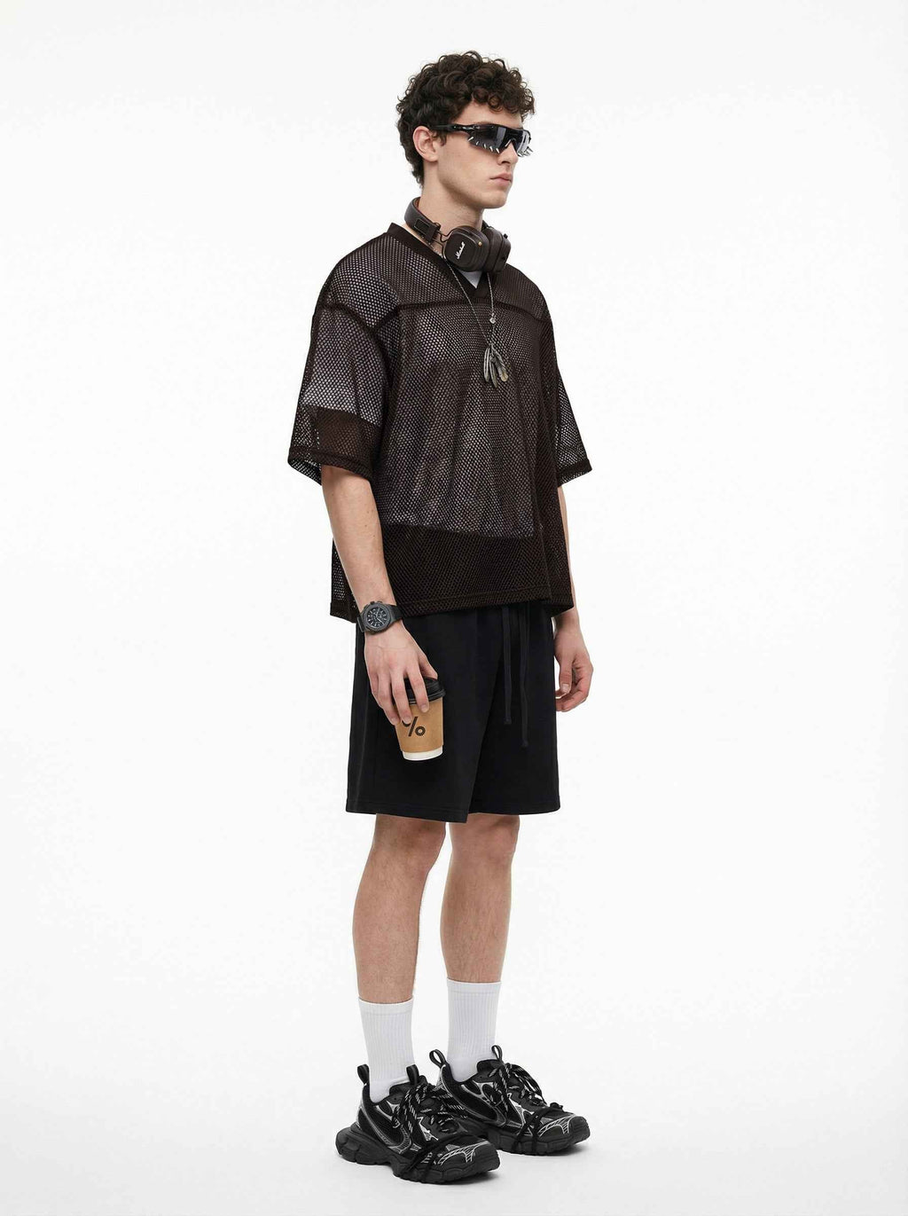 240GSM Men’s Boxy-Fit Mesh Layering V-Neck Tee