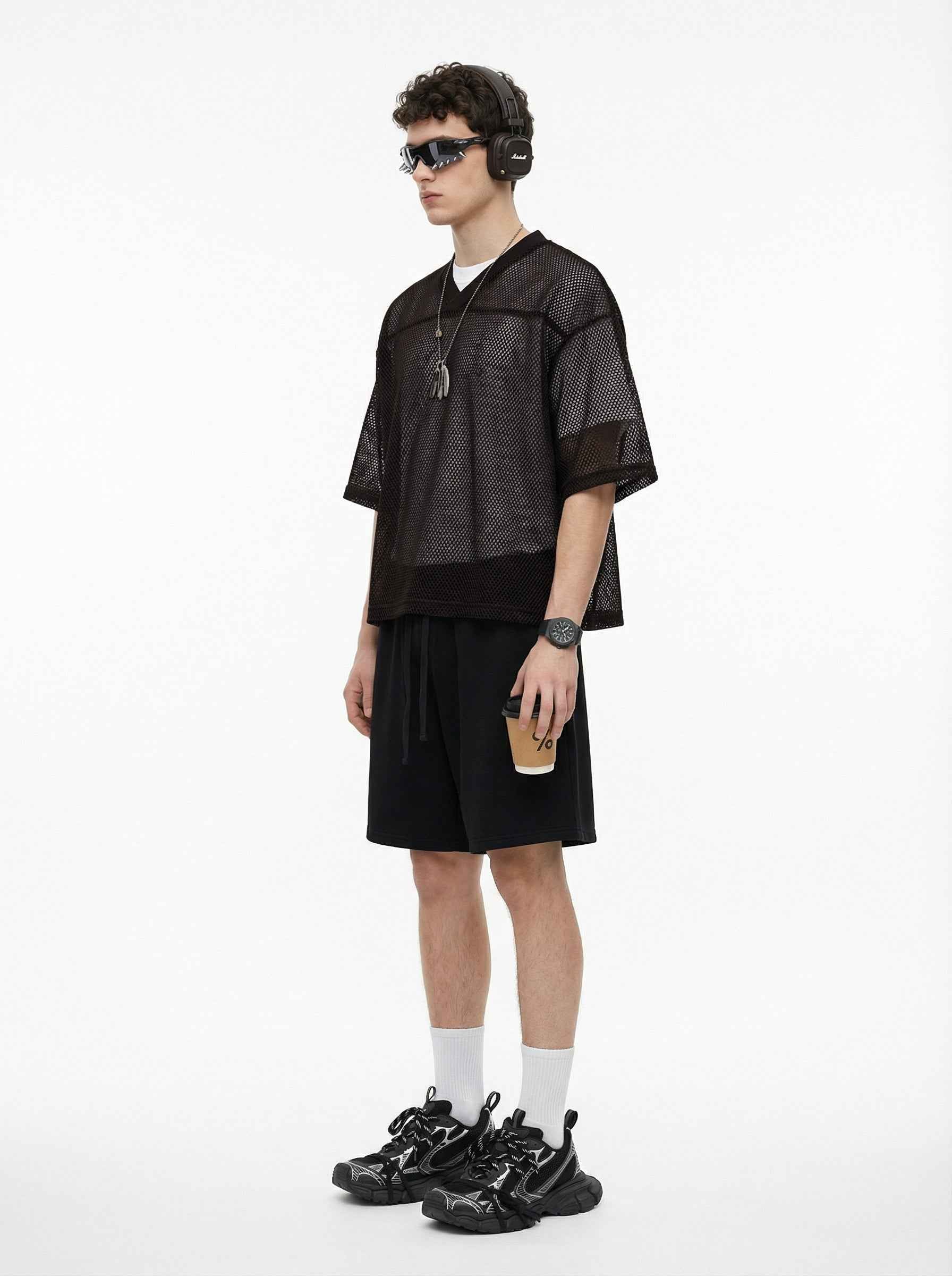 240GSM Men’s Boxy-Fit Mesh Layering V-Neck Tee