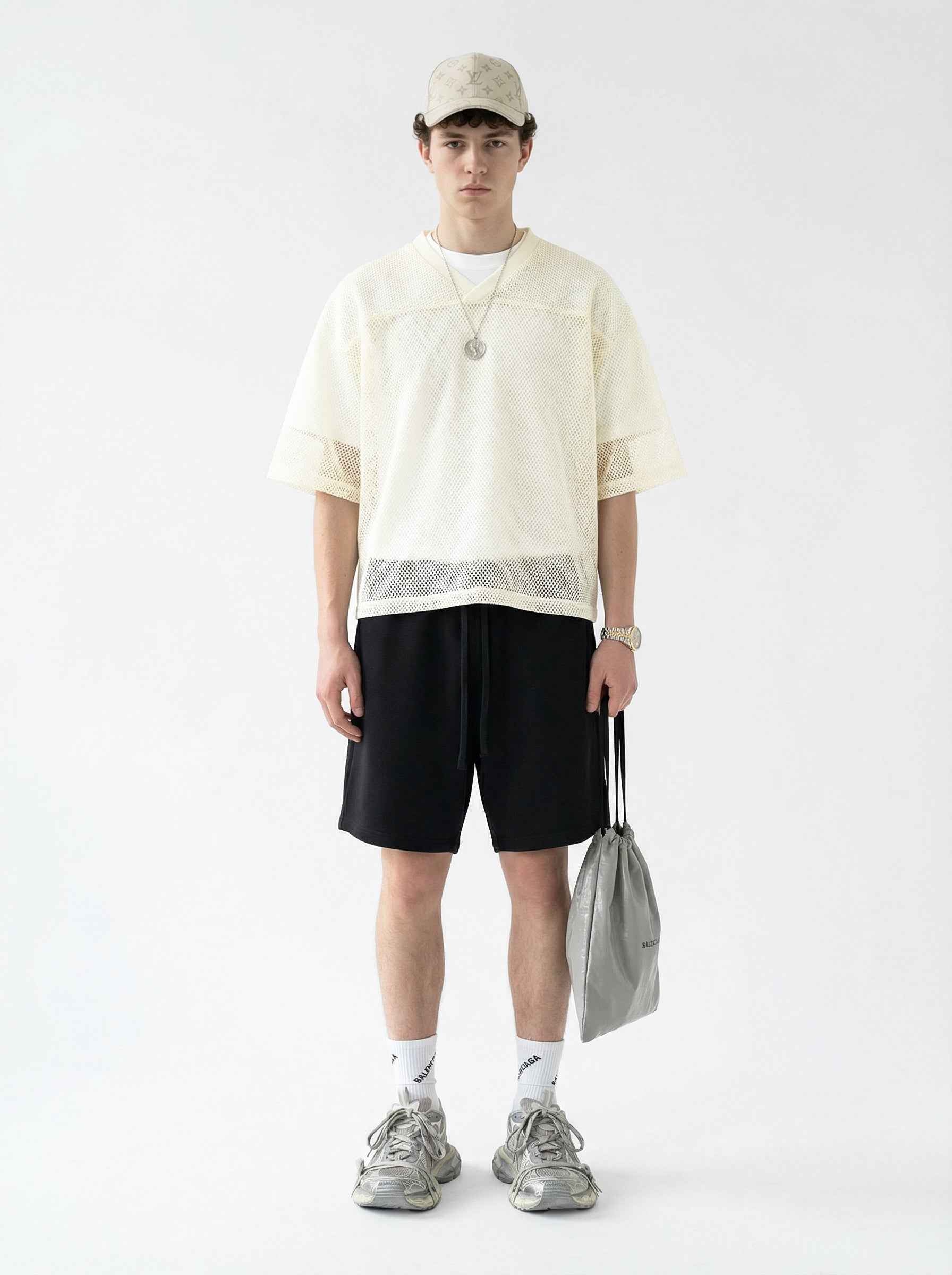 240GSM Men’s Boxy-Fit Mesh Layering V-Neck Tee