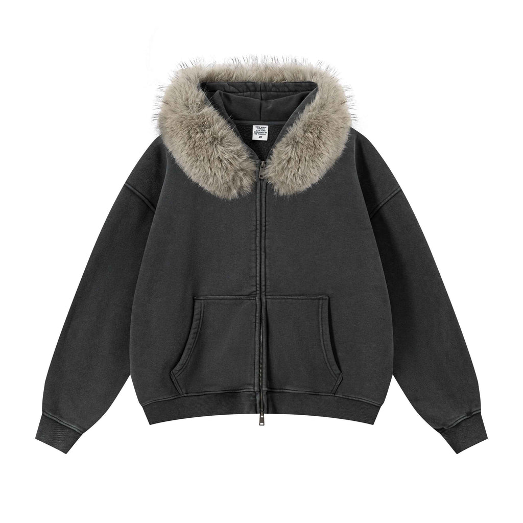 Vintage Boxyfit Faux Fur Collar Zipper Coat