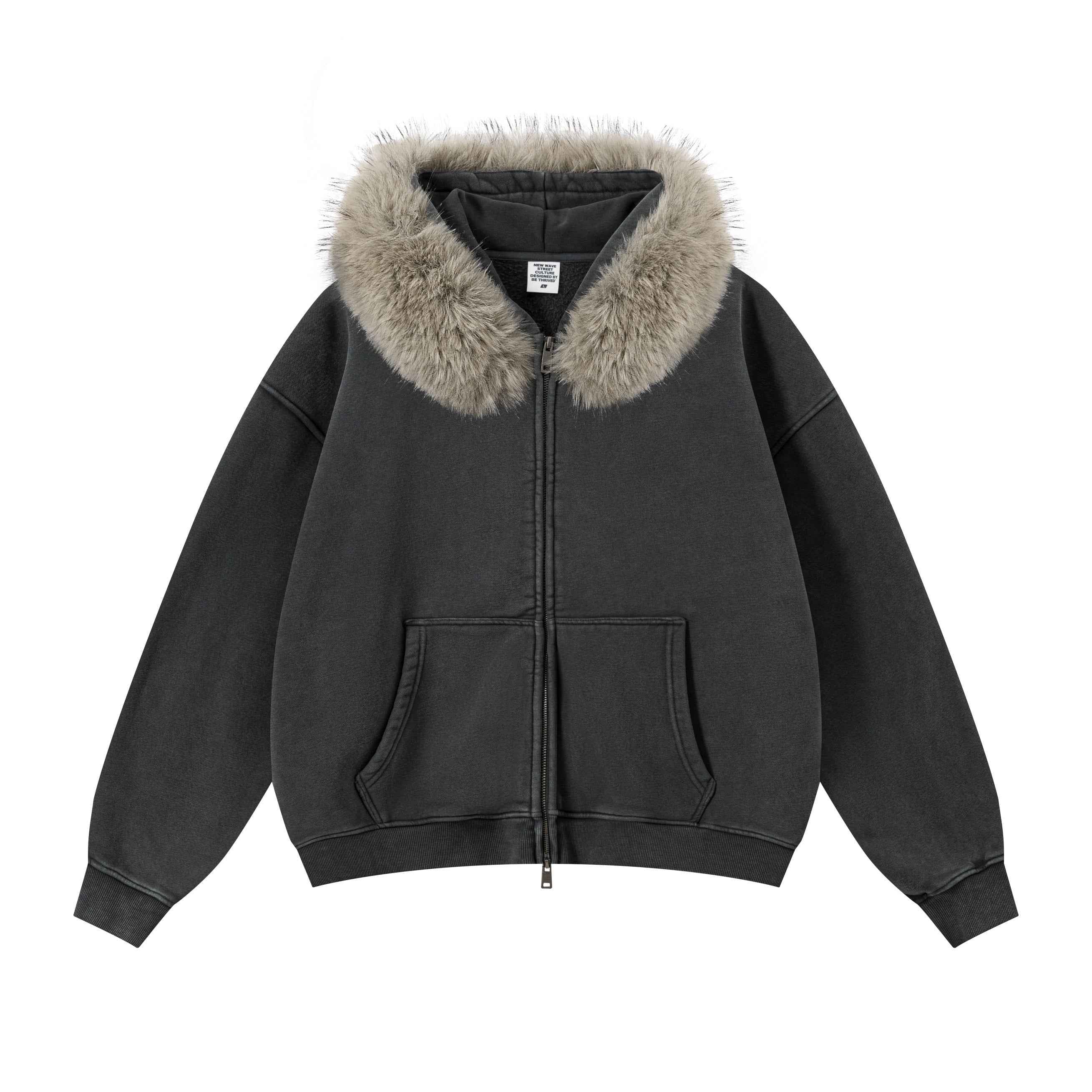 Vintage Boxyfit Faux Fur Collar Zipper Coat