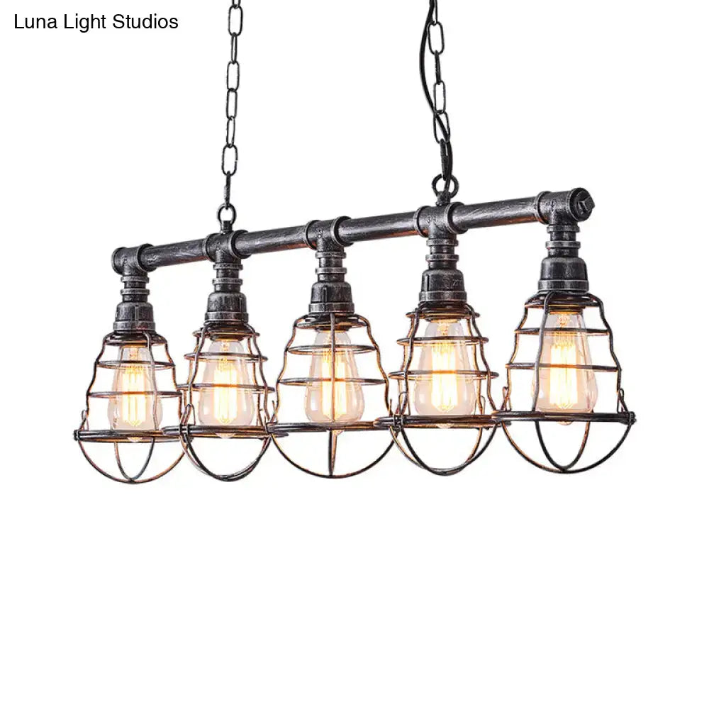 Industrial aged silver metal caged island light dining room pendant