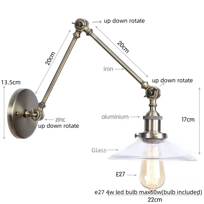Industrial antique brass adjustable wall sconce bedroom led light