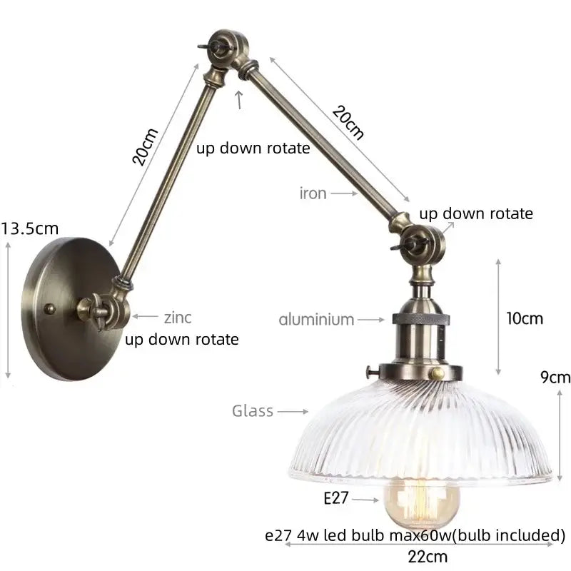Industrial antique brass adjustable wall sconce bedroom led light