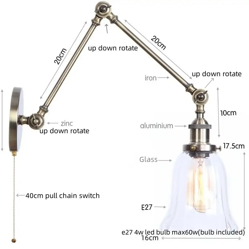 Industrial antique brass adjustable wall sconce bedroom led light