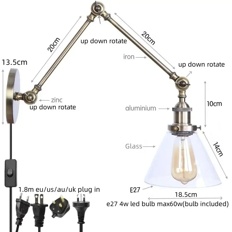 Industrial antique brass adjustable wall sconce bedroom led light