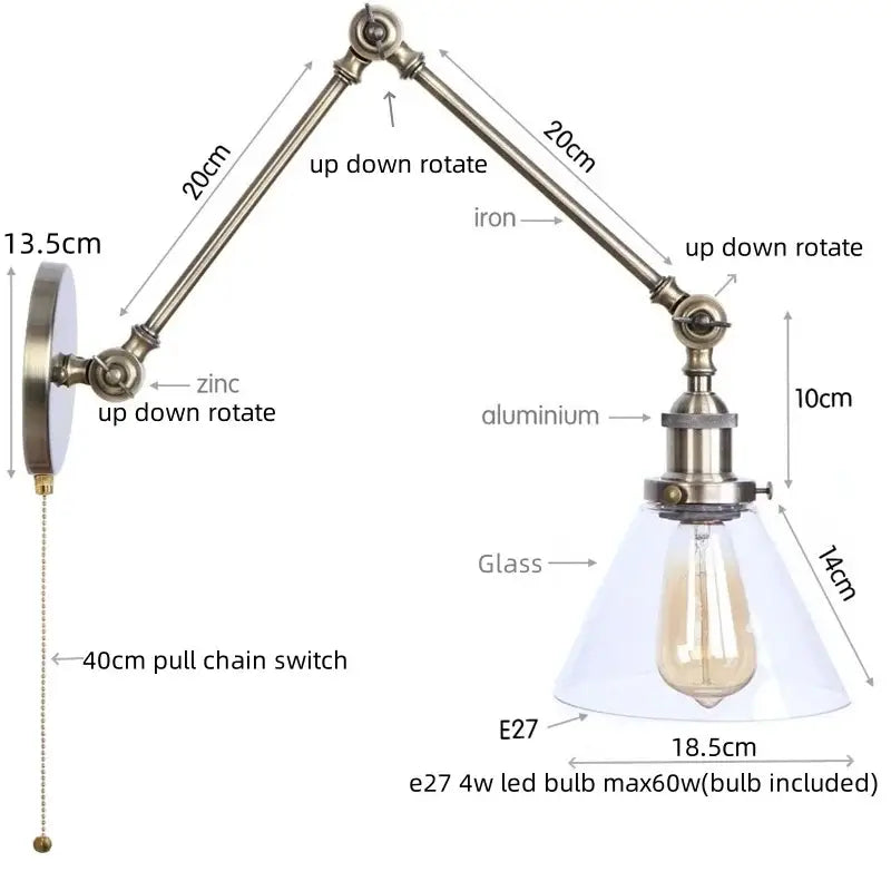 Industrial antique brass adjustable wall sconce bedroom led light