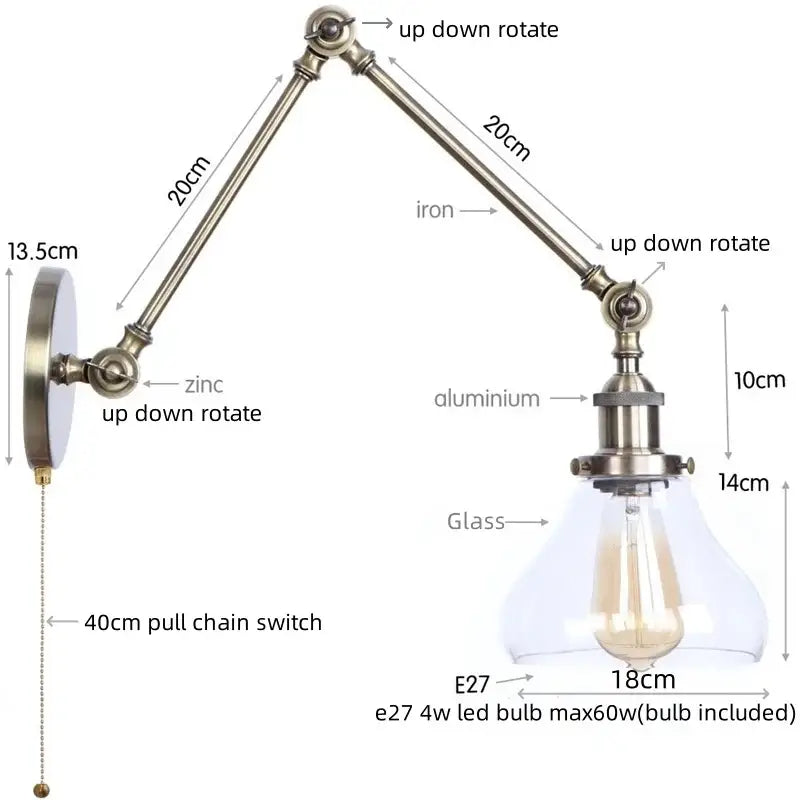 Industrial antique brass adjustable wall sconce bedroom led light