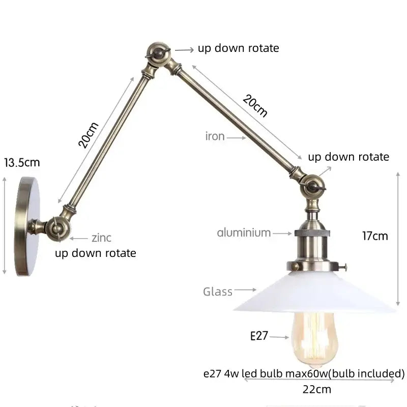 Industrial antique brass adjustable wall sconce bedroom led light