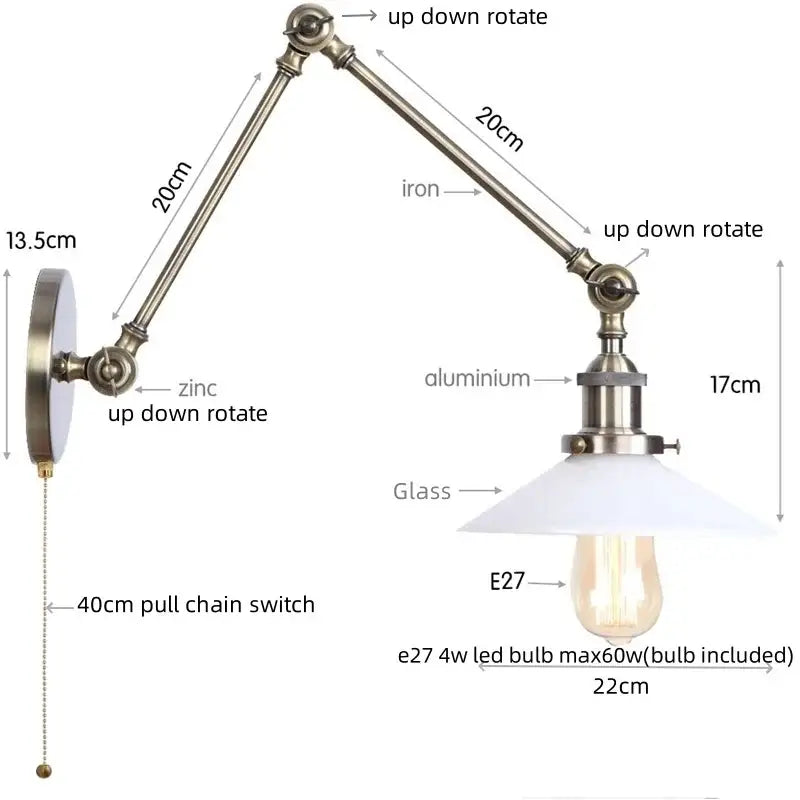 Industrial antique brass adjustable wall sconce bedroom led light