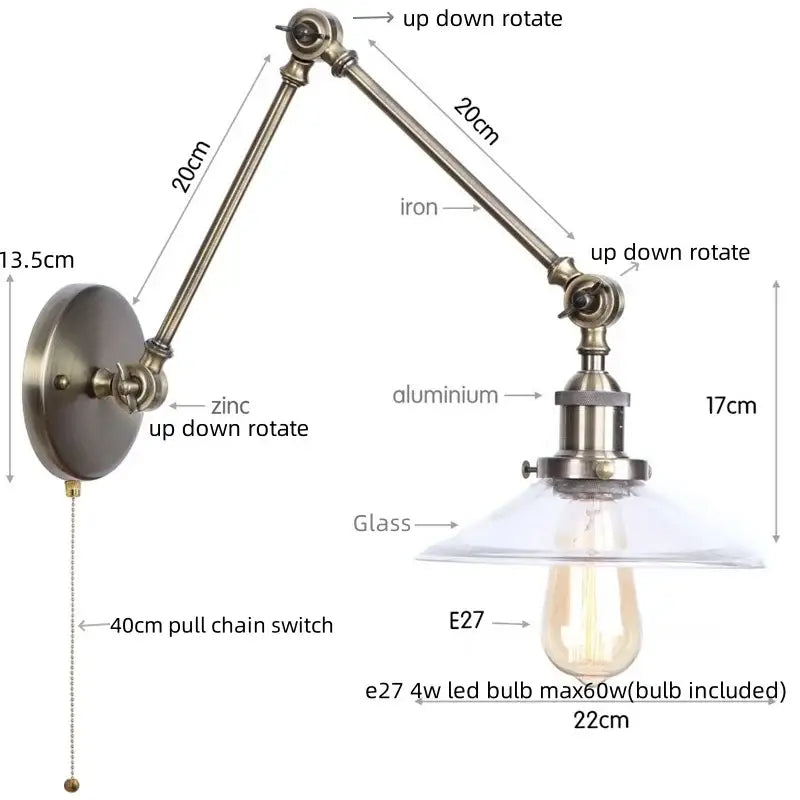 Industrial antique brass adjustable wall sconce bedroom led light