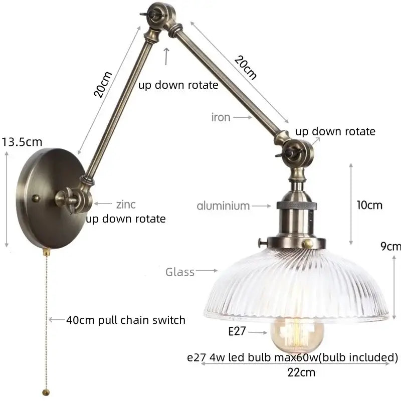 Industrial antique brass adjustable wall sconce bedroom led light