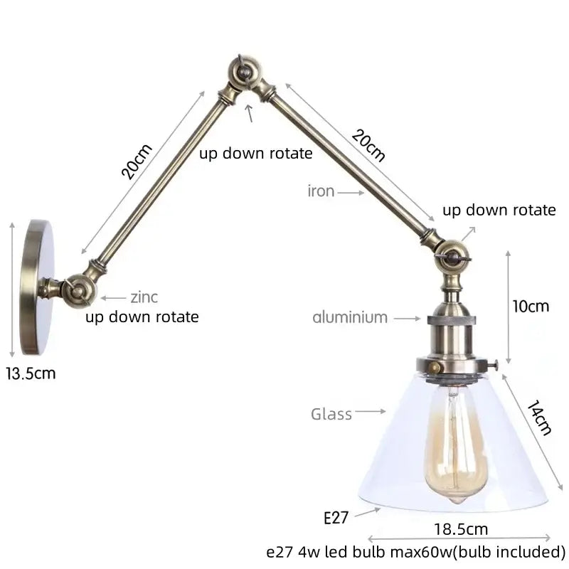 Industrial antique brass adjustable wall sconce bedroom led light