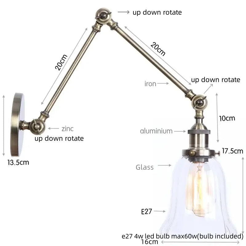Industrial antique brass adjustable wall sconce bedroom led light