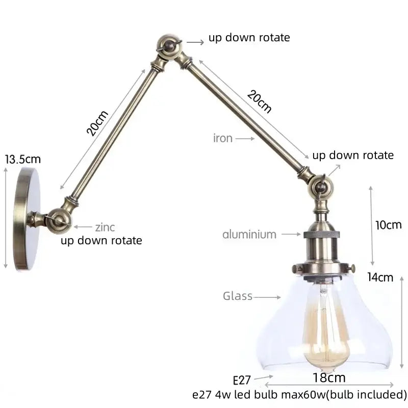 Industrial antique brass adjustable wall sconce bedroom led light