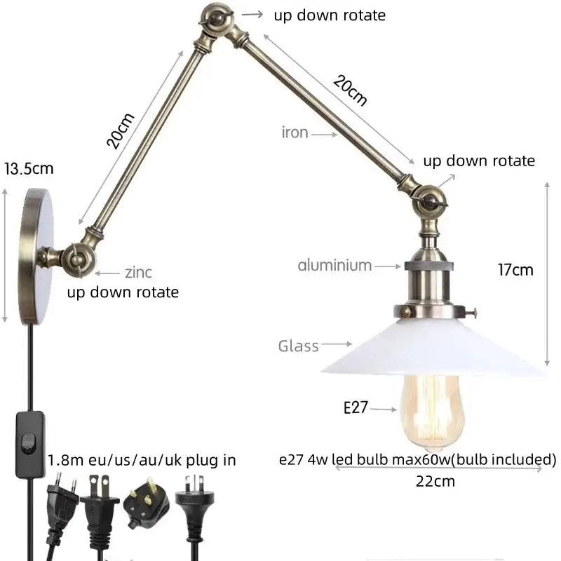Industrial antique brass adjustable wall sconce bedroom led light