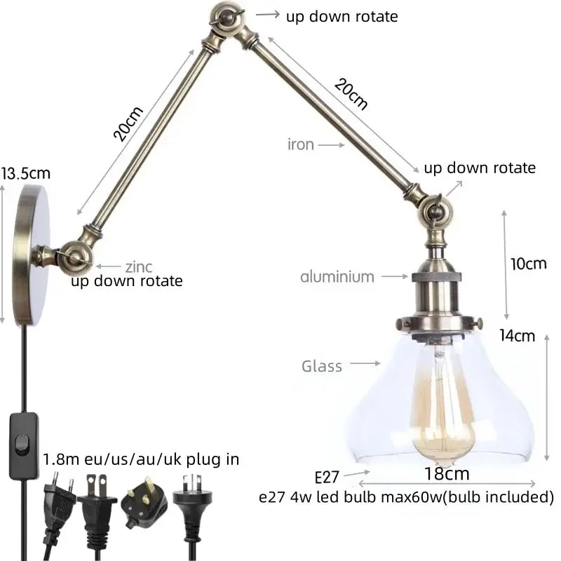 Industrial antique brass adjustable wall sconce bedroom led light