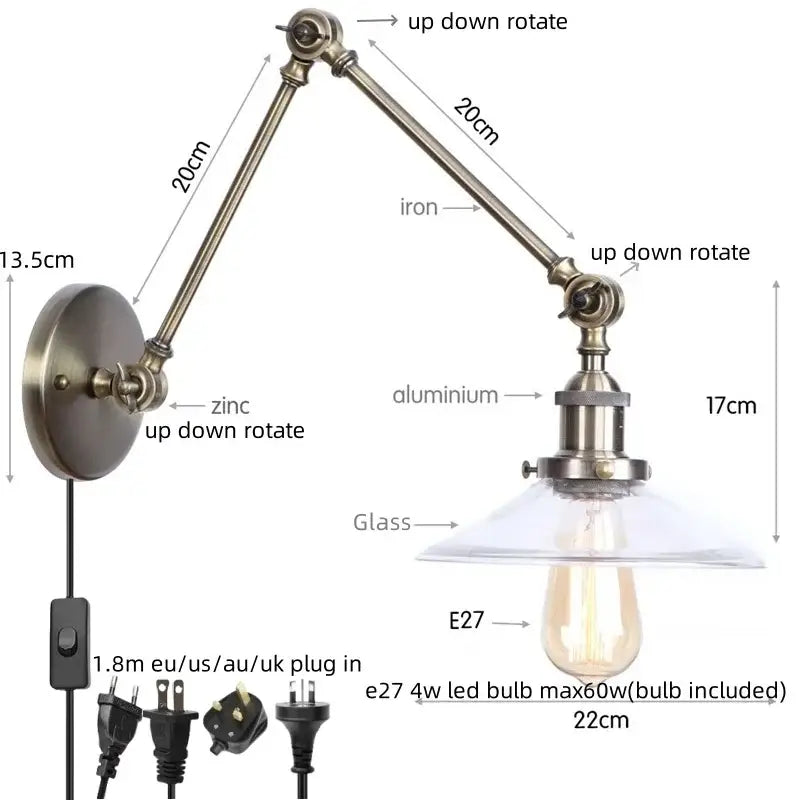 Industrial antique brass adjustable wall sconce bedroom led light