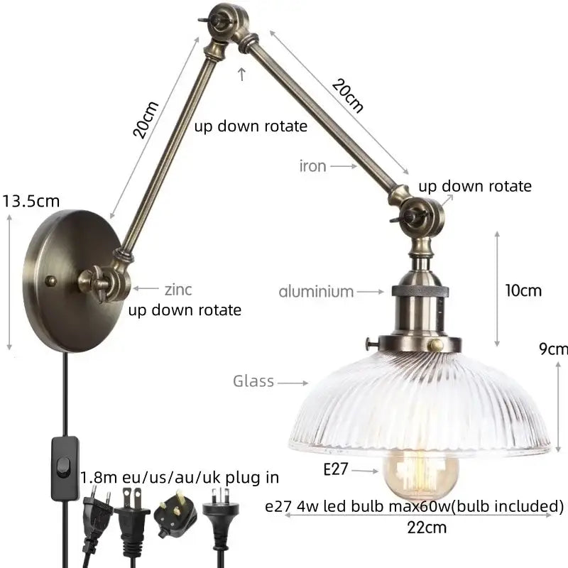 Industrial antique brass adjustable wall sconce bedroom led light