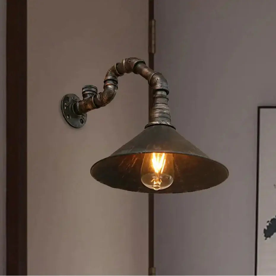 Industrial antique brass cone wall sconce dining room light