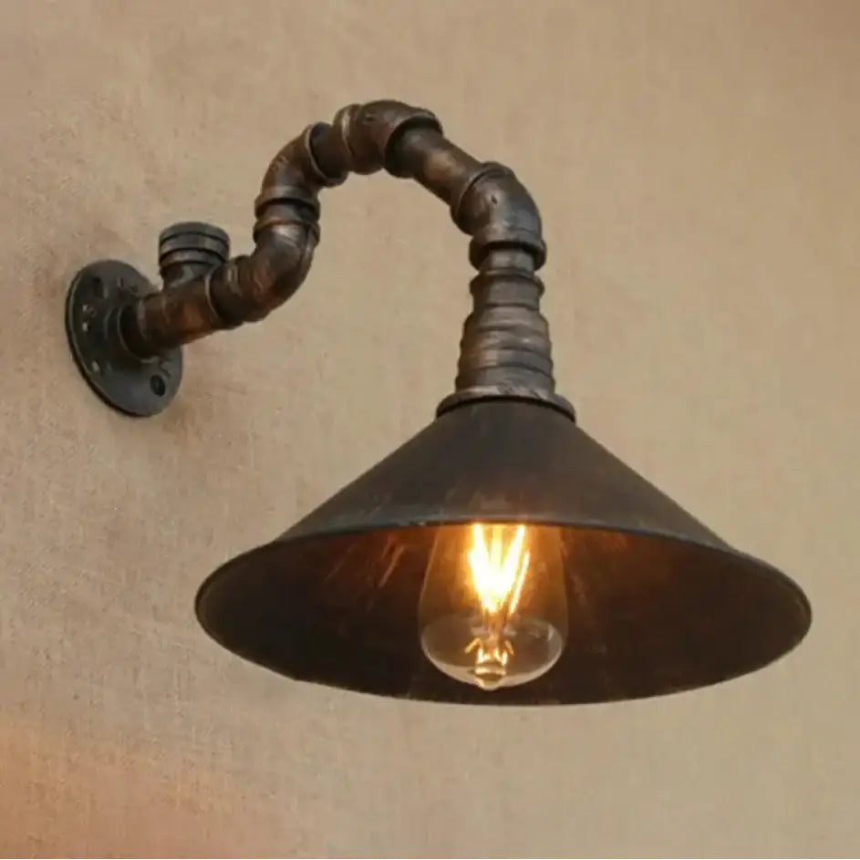 Industrial antique brass cone wall sconce dining room light