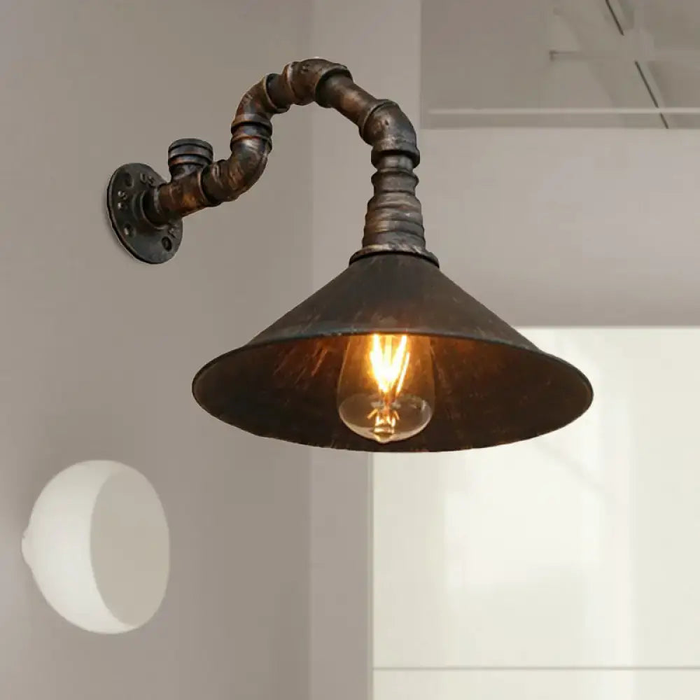 Industrial antique brass cone wall sconce dining room light