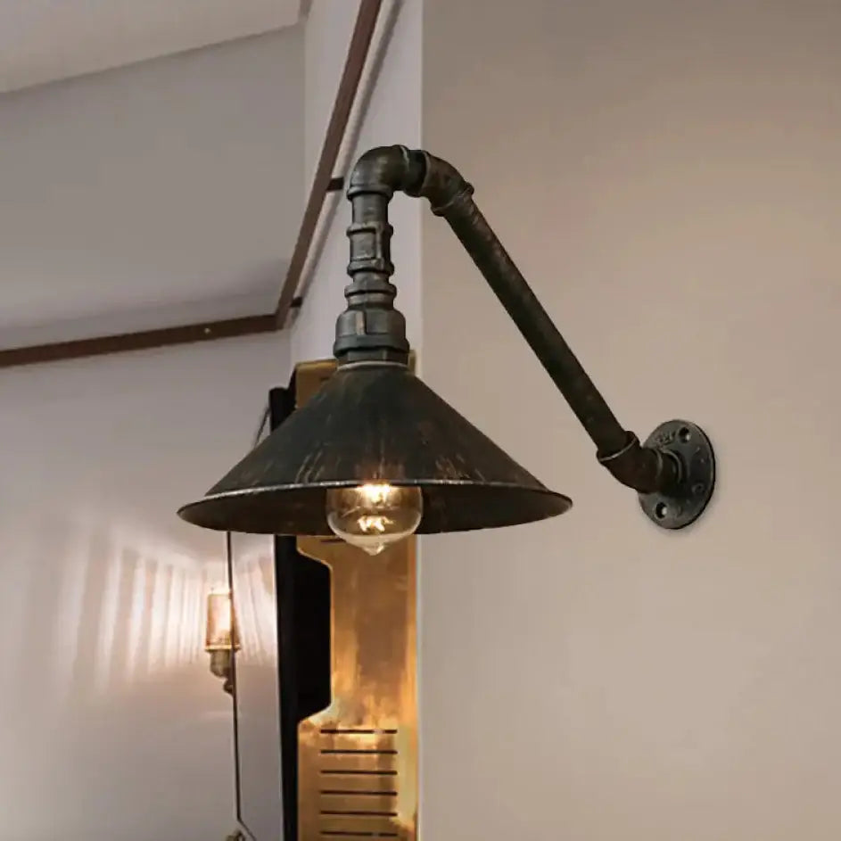 Industrial antique brass cone wall sconce dining room light