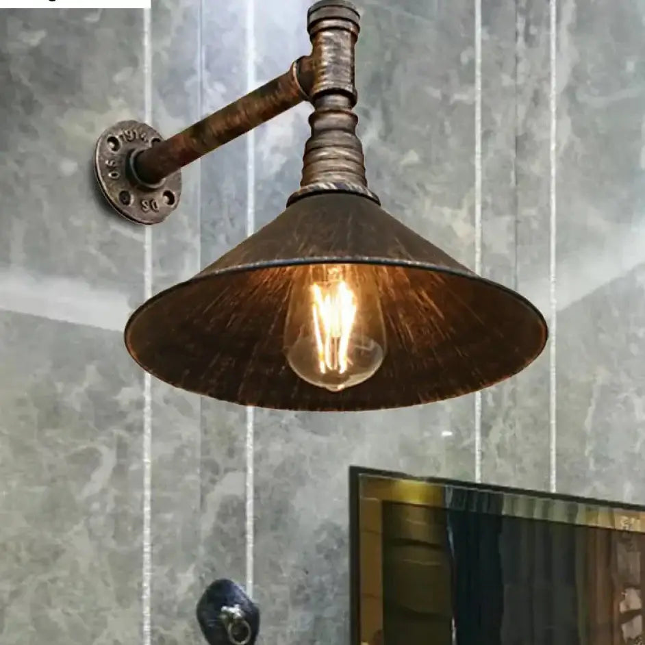 Industrial antique brass cone wall sconce dining room light