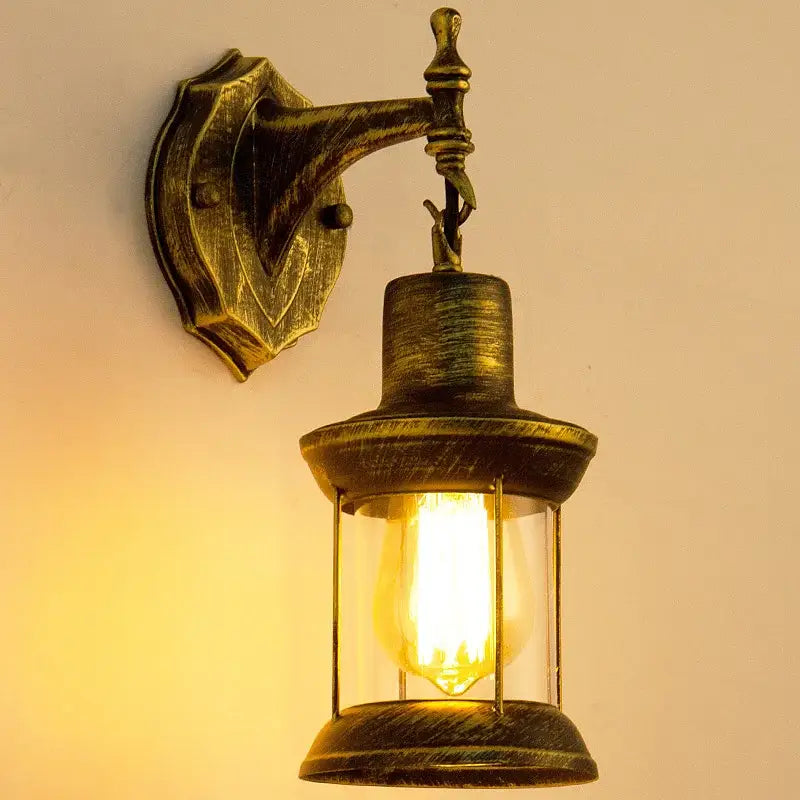 Industrial antique brass wall lamp bedroom glass lantern sconce