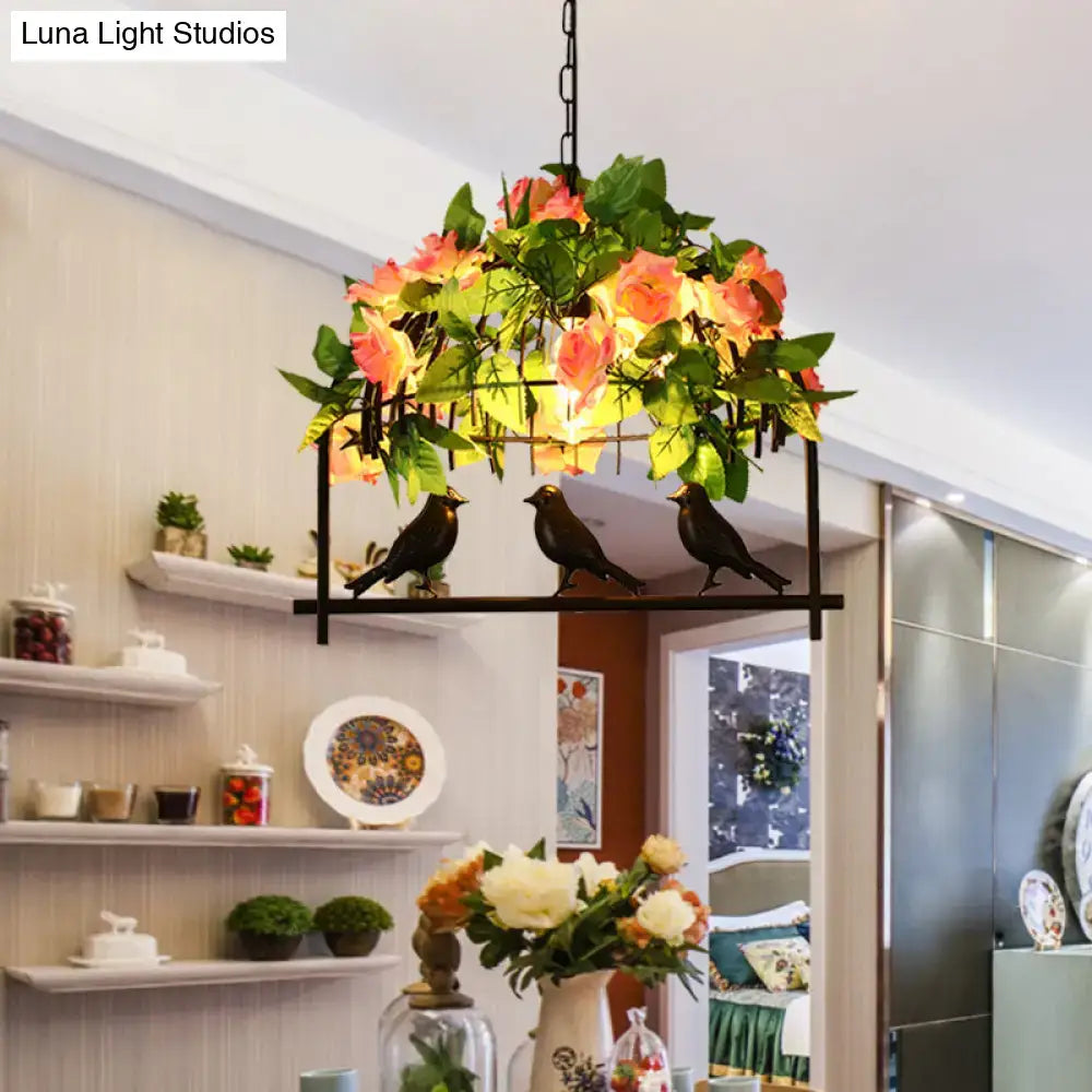 Industrial birdcage island pendant with roses – kitchen dining room