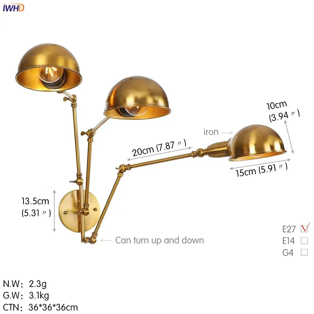 Industrial black 3 head adjustable wall sconce bedroom light
