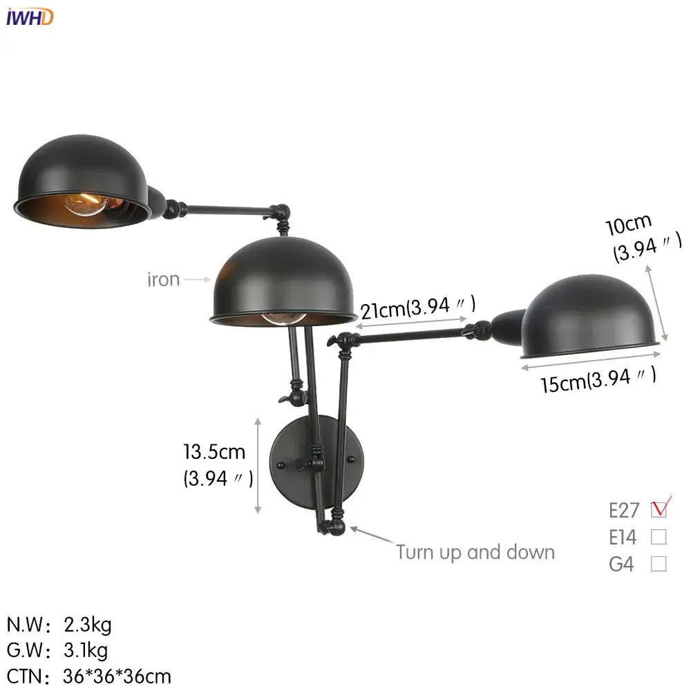 Industrial black 3 head adjustable wall sconce bedroom light