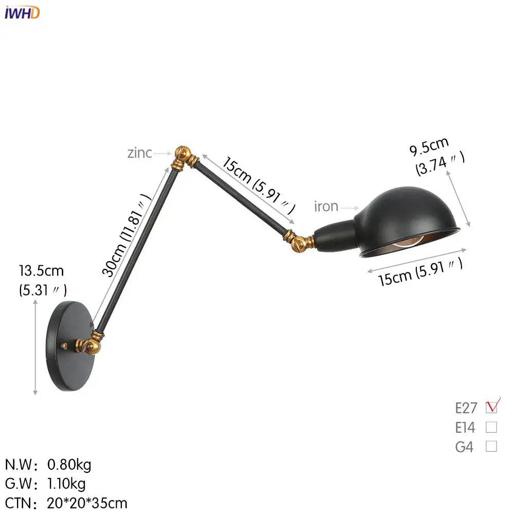 Industrial black 3 head adjustable wall sconce bedroom light