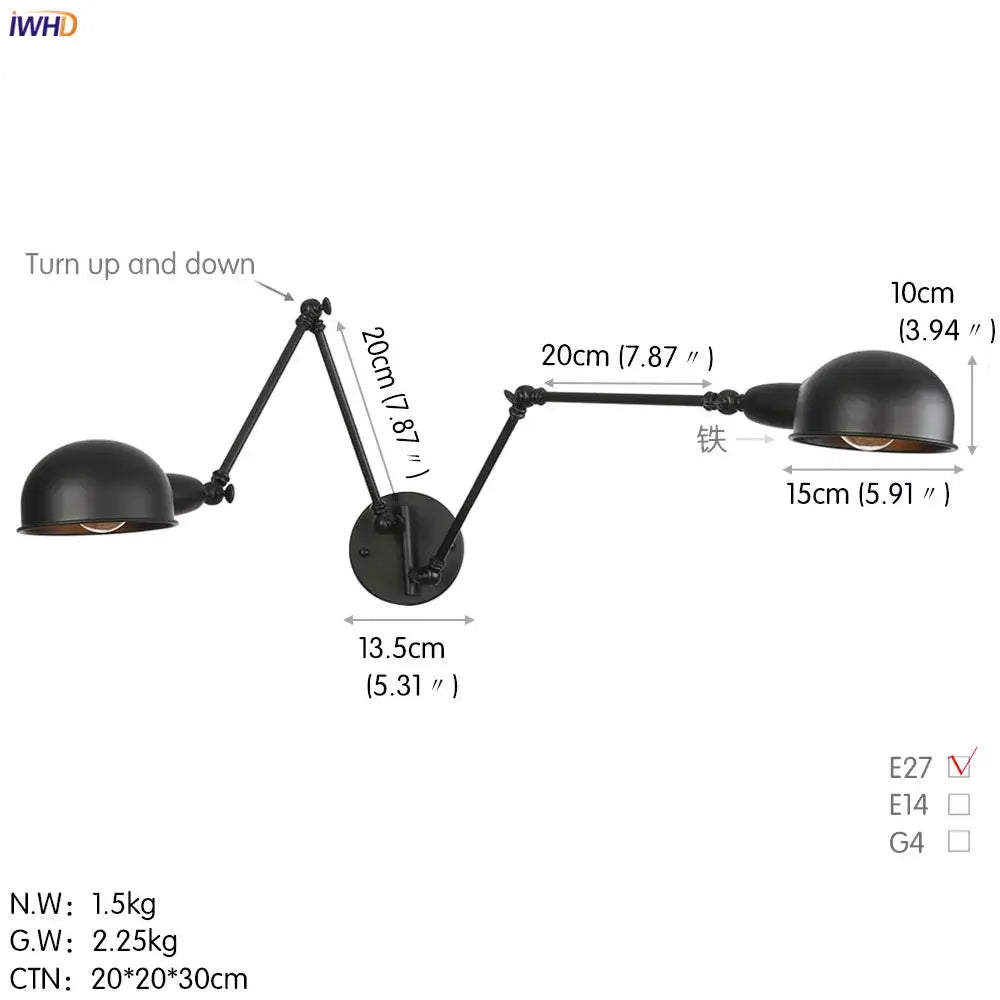 Industrial black 3 head adjustable wall sconce bedroom light