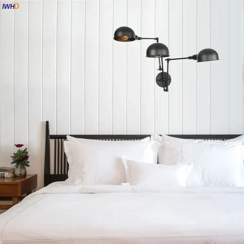 Industrial black 3 head adjustable wall sconce bedroom light