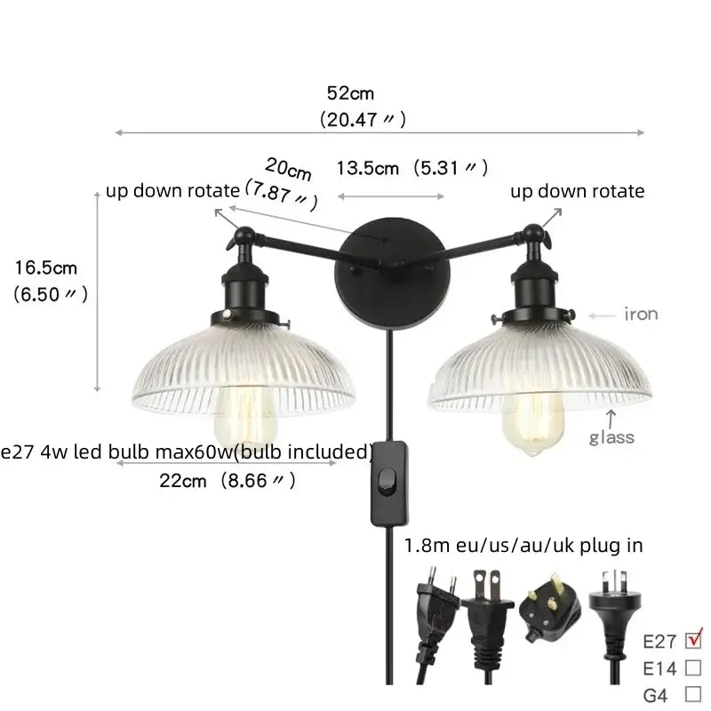 Industrial black and white wall light fixture bedroom sconce