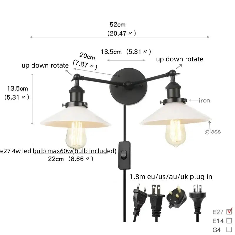 Industrial black and white wall light fixture bedroom sconce
