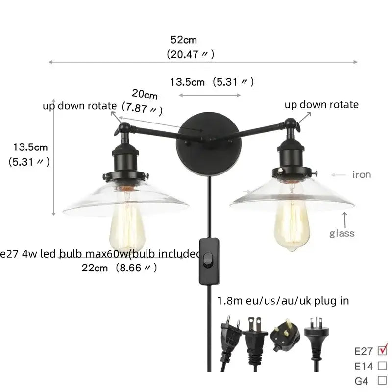 Industrial black and white wall light fixture bedroom sconce