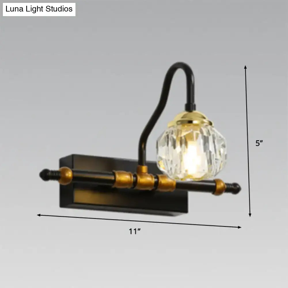 Industrial black & brass hexagon vanity wall lamp with crystal prisms