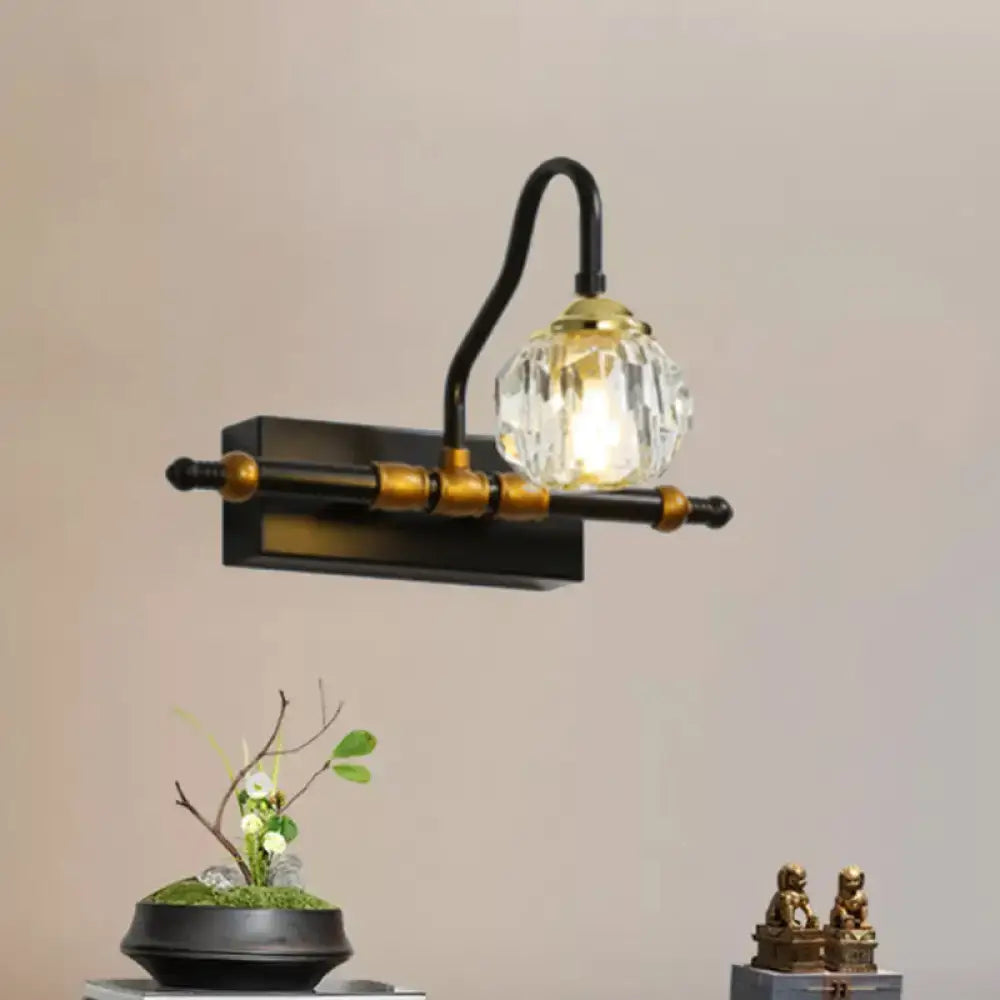Industrial black & brass hexagon vanity wall lamp with crystal prisms