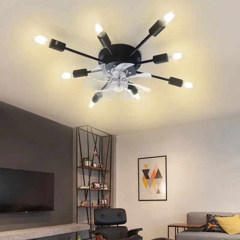 Industrial black ceiling fan with clear blades – living room led light