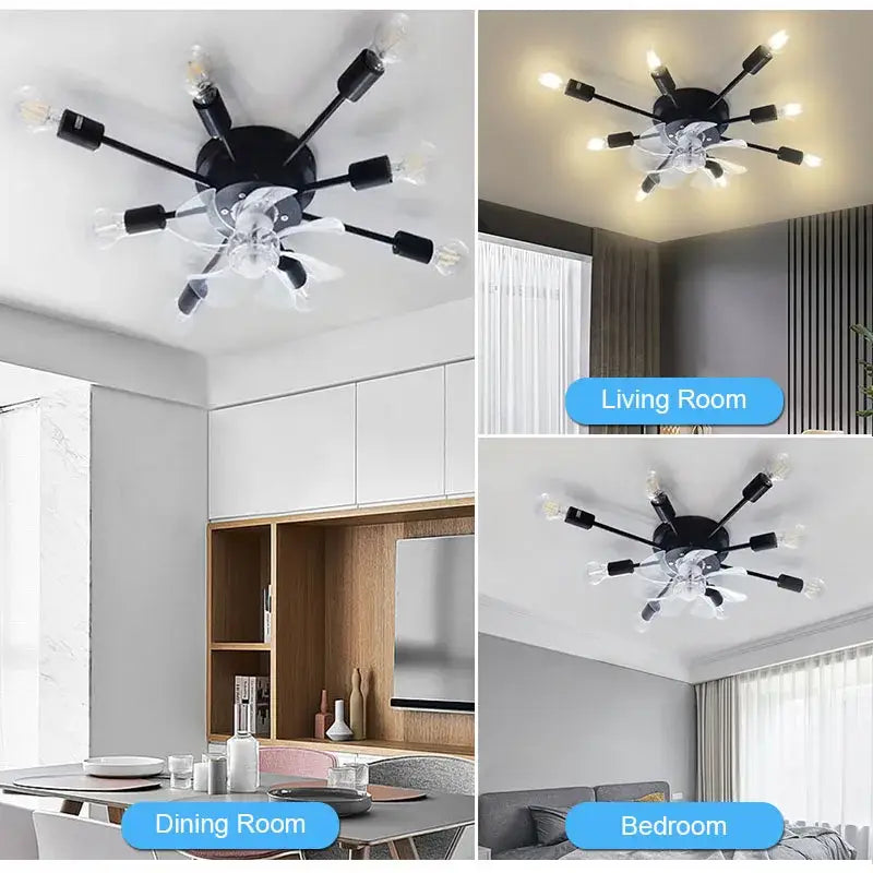 Industrial black ceiling fan with clear blades – living room led light