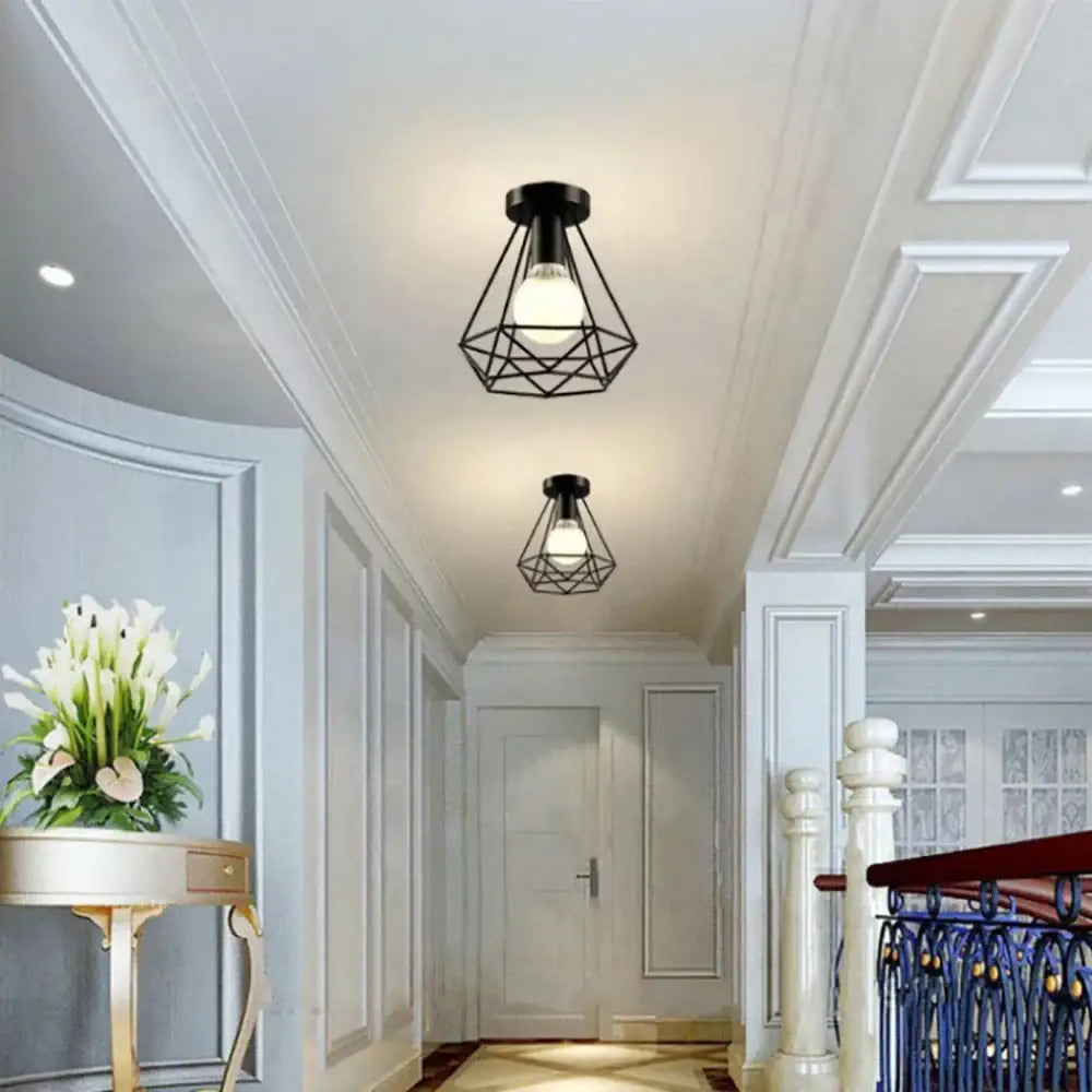 Industrial black geometric cage flush mount ceiling light bedroom